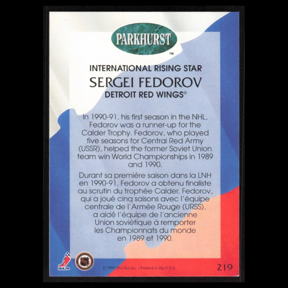 Sergei Fedorov #219 1992 Parkhurst Detroit Red Wings Hockey Card NHL NM - Image 2 of 3
