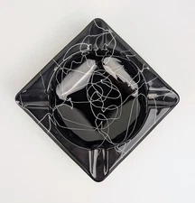Vintage MCM Ashtray Glass Black w/ White Drizzle 6"x6" 1.5" Deep, Awesome Design