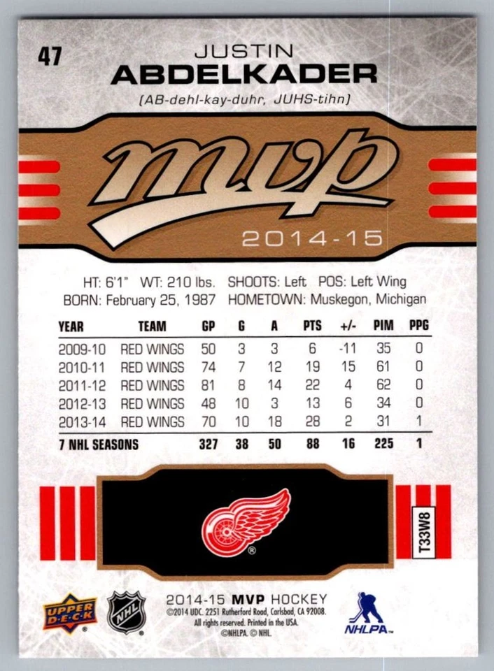 2014-15 Upper Deck MVP Justin Abdelkader Detroit Red Wings #47 - Image 2 of 2