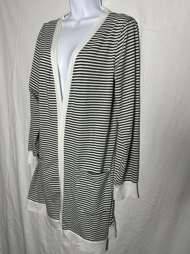 Tickled Teal Gray & Whited Striped Open Front Long Sleeve Cardigan With Pockets