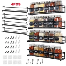 4Pcs Spice Organizer Rack Wall Mount Spice Jars Set Rack Hanging Shelf Holder US
