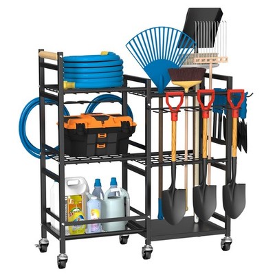 Garden Tool Organizer with Rolling Wheel, 3-tier Metal Shelf Yard Tool Holder...