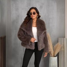 Large Lapel Collar Faux Fur Coat, Short Imitation Fox Fur Coat, Female