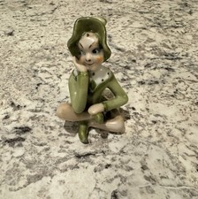Vintage Lt Green Pixie Elf Sitting Cross-Legged w/Hand on Cheek.