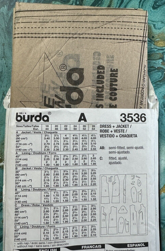 Burda 3535 Couture Pattern Dress Jacket Sizes 18 to 28 Uncut OOP Vintage - Picture 3 of 3