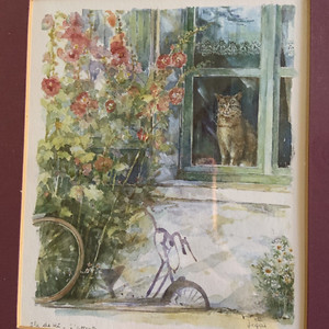 JEGAI watercolor art print with cat and bicycle framed and matted 9.5 in x 8.25