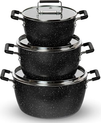 Nonstick Black Cookware Set, 6 Piece Stackable Cooking Pot Set, Kitchen Pans