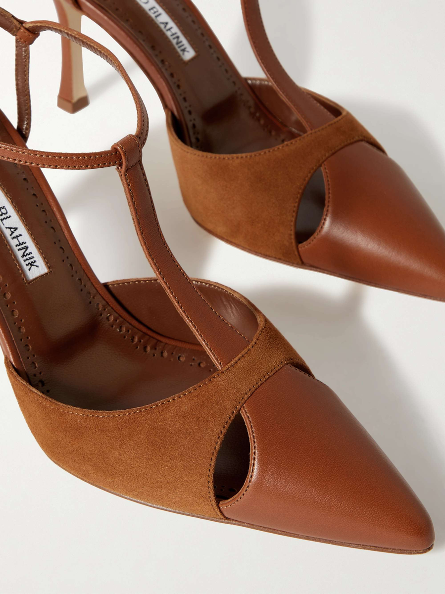Manolo Blahnik Turgimodhi 90 Cutout Leather Suede Slingback Pumps