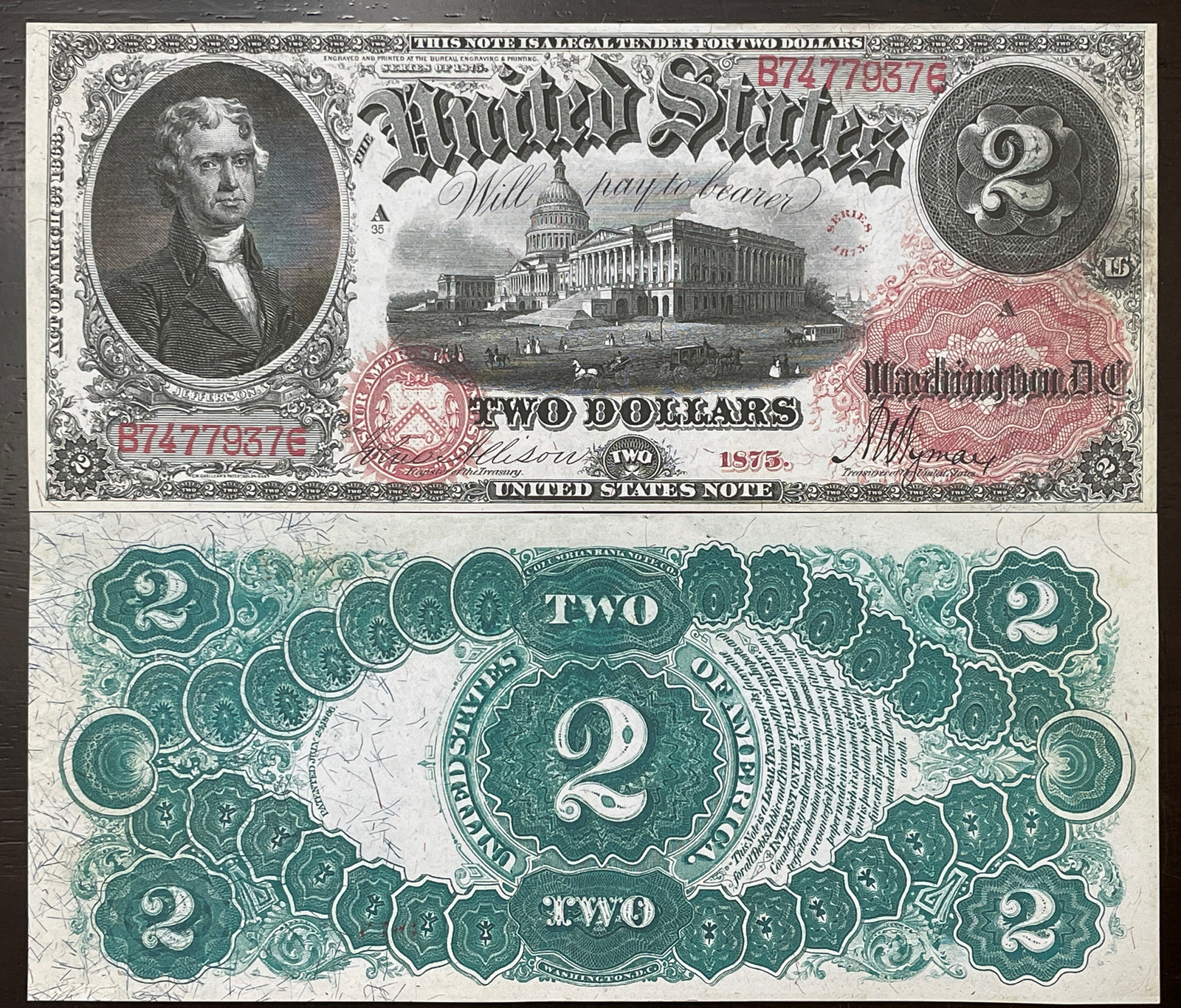 Bank Note Copy Reproduction $2 Bill United States Note 1875 Jefferson Legal Tender ...