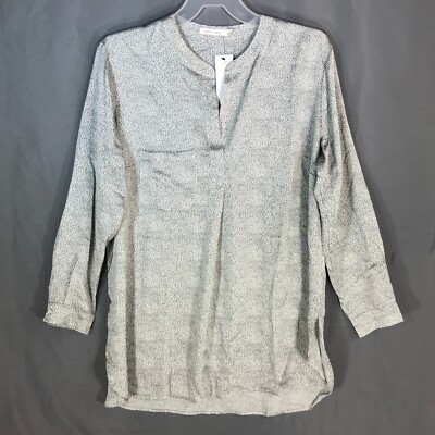Bishop + Young Womens Tunic Top Size 1X Printed Satin Pullover White Micro Dot
