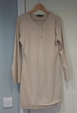 Double Layered Supersoft Button Front Long Sleeved Bodycon Dress In Stone