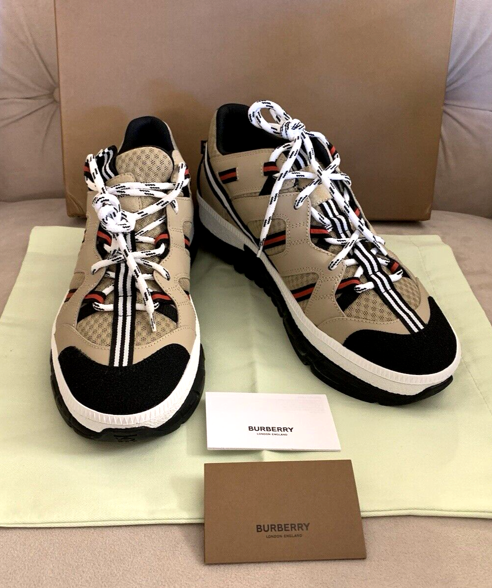 Burberry ローカットスニーカー ベージュ/黒/赤 レザー スエード＆チェック スニーカー (ブラック／アーカイブベージュ