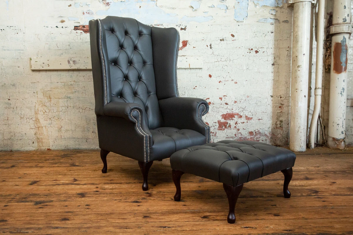 HANDMADE DARK GREY LEATHER HIGH BACK CHESTERFIELD WING CHAIR FOOTSTOOL