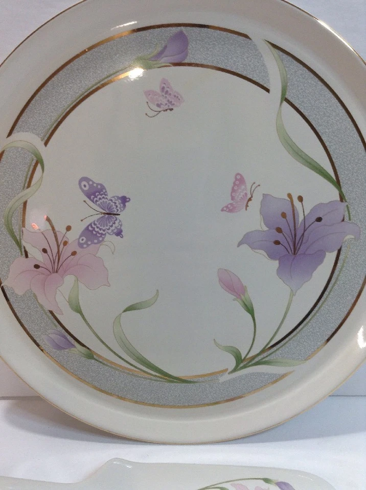 Винтажное блюдо для торта бабочка с цветочным рисунком фиолетовое с сервизом для торта без маркировки - Изображение 3 из 4