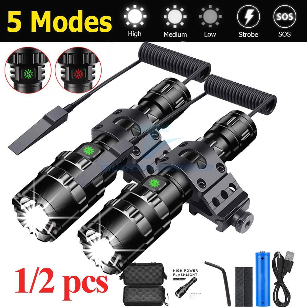 1/2 Pcs Rechargeable LED Flashlight Tactical Gun Light Rail Mount Hunting US