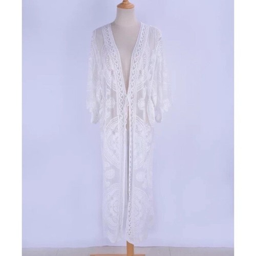 Scalloped Sheer Mesh Lace Boho Kimono Coverup Wrap Duster Women's - Picture 6 of 7