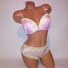 Victoria Secret Bra Set Tease Push Up Cheeky Panty Pink Yellow Lace Trim New