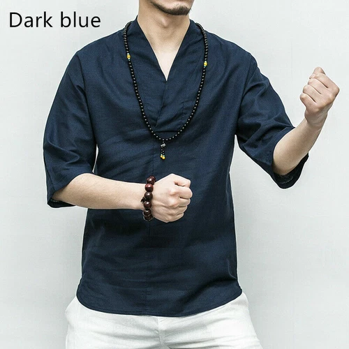 Herren Baumwolle Leinen Hemd V-Ausschnitt 3/4 Arm T-Shirt Oberteil Kung Fu Chinesisch Weiß Grau - Bild 10 von 16