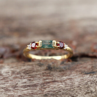 Garnet & Moss Agate Ring 925 Sterling Silver Gold Vermeil Ring Solitaire Ring