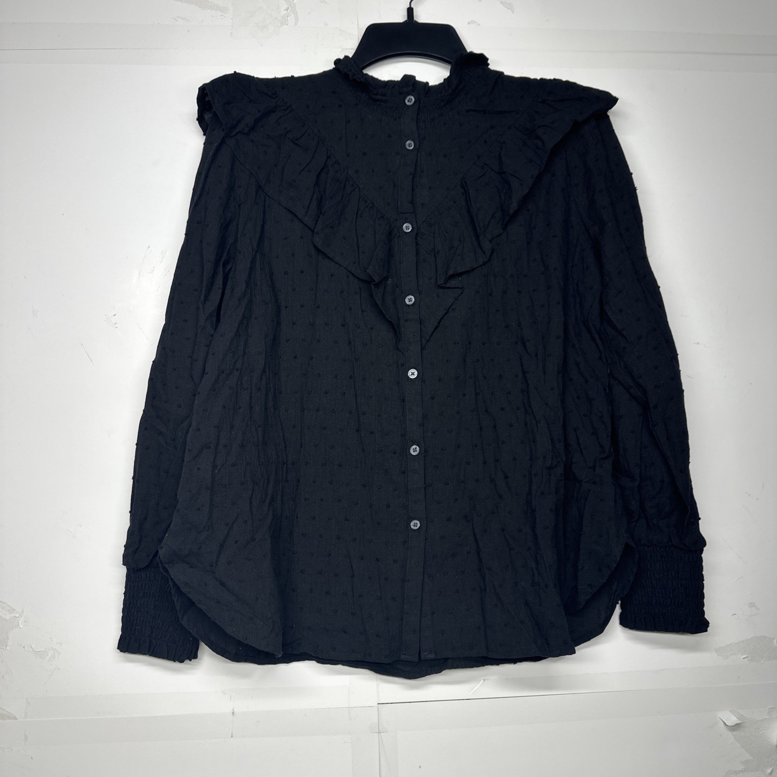Loft Black Swiss Dot Ruffle Trim Long Balloon Sleeve Blouse Regencycore Size M