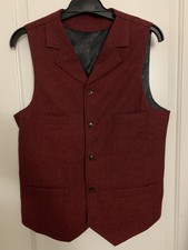 Burgundy Herringbone Tweed Vest Adjustable Buckle Wool Blend