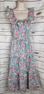 J Crew Ruffle Midi Swiss Dot Floral Dress 12 Cotton Midi Tiered Boho Pink Green