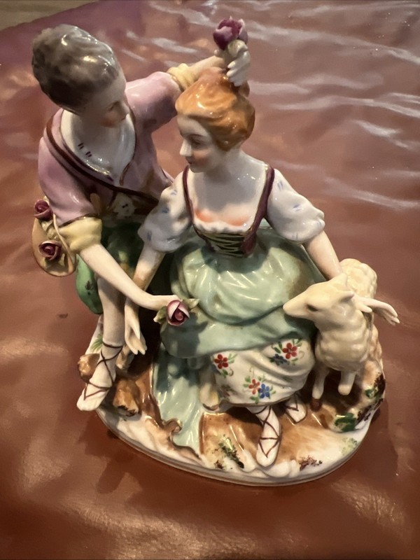 Maruyama Man Woman With Lamb. Occupied Japan Porcelain Figurine. 5 1/2 X 6"