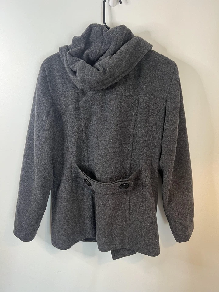 Abrigo Esprit Mujer Grande Gris Lana Con Capucha Chaquetón Doble Pecho Forrado con Cinturón Foto 3 de 4