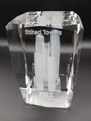 Hill Int'l Heavy Acrylic Lucite Laser Etched Etihad Towers UAE Paperweight Decor