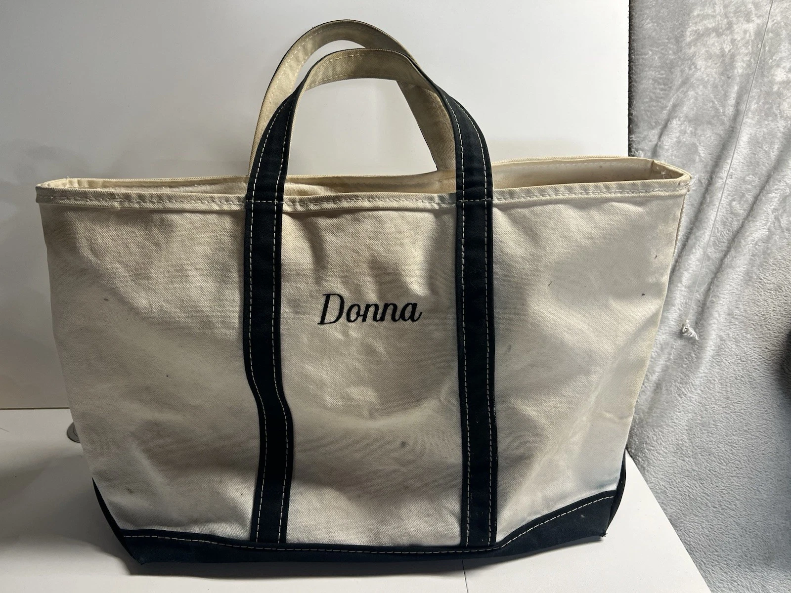 VTG 80s LL Bean Boat Tote USA Canvas Navy Blue Zip Top Embroidered DONNA Large