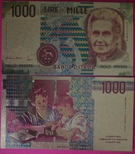 ITALY 1000 LIRE 1990 BU FANTASY NOTE,GOLD FOIL,MARIA MONTESSORI AT RIGHT,SEAL OF