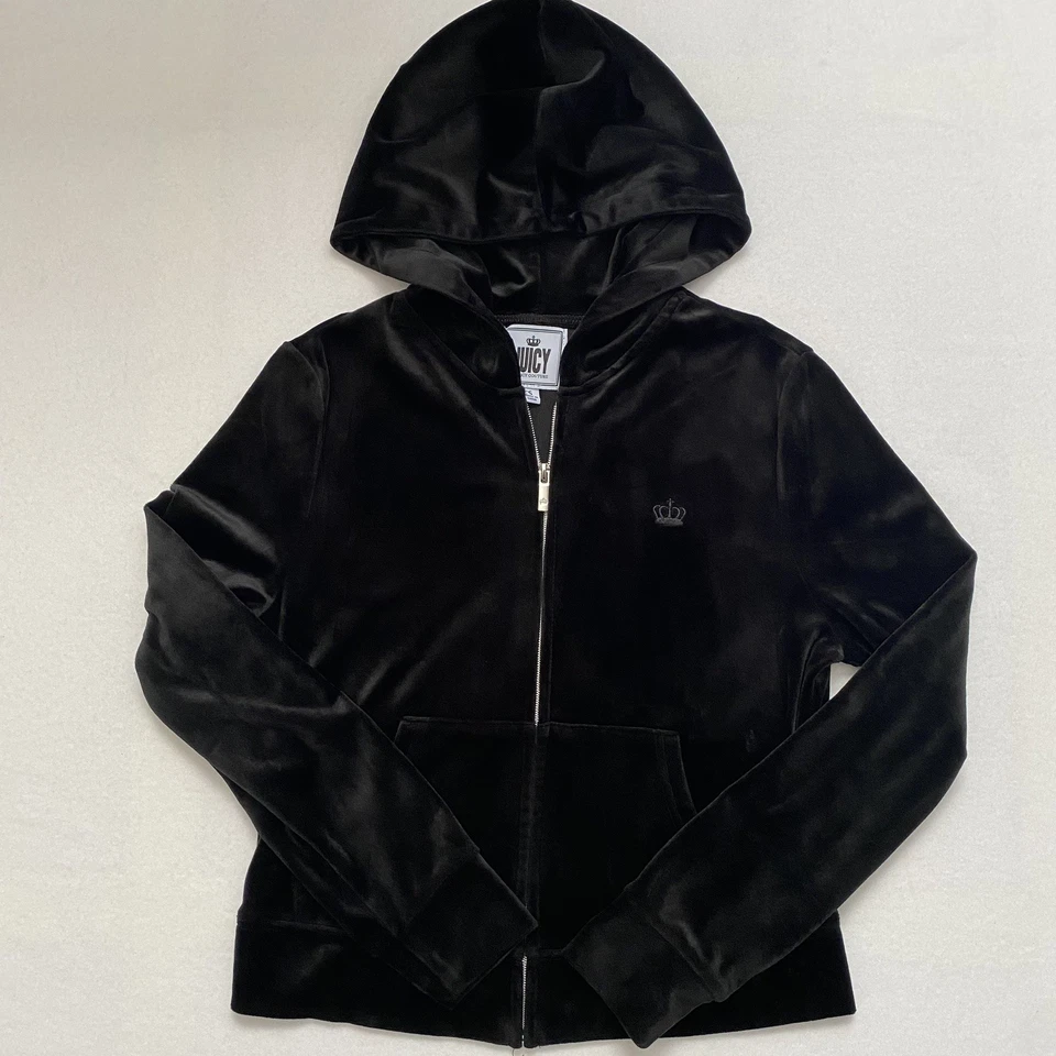 Jaqueta feminina Juicy Couture tamanho S veludo zíper completo com capuz - Preta  - Imagem 2 de 3