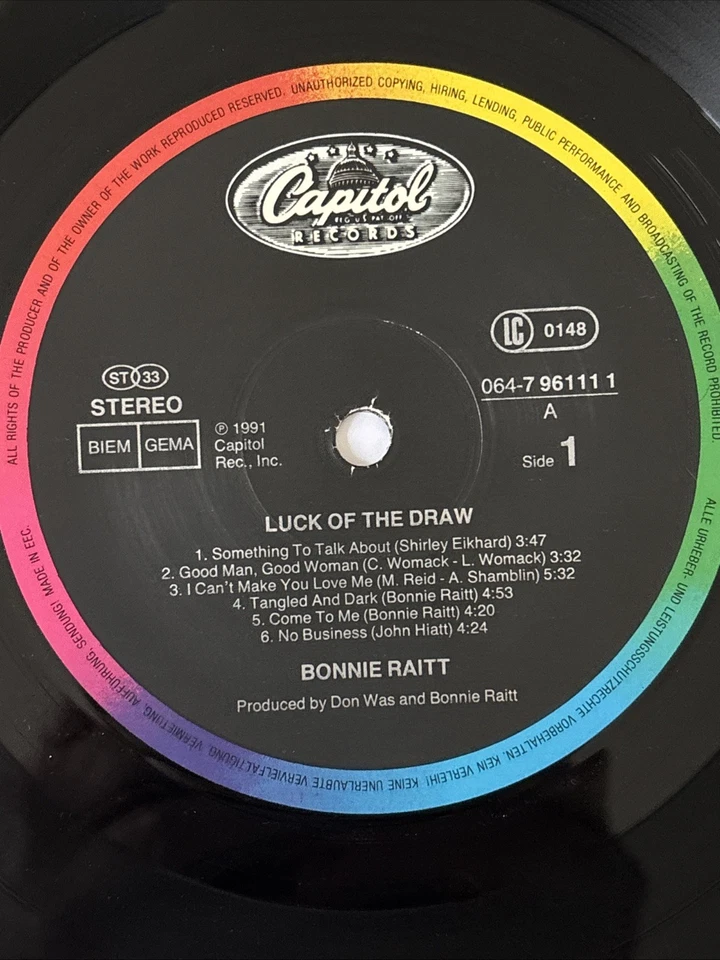 Bonnie Raitt - Luck Of The Draw (1991) Vinyl LP Record. EX vinyl / NM sleeve - Image 3 of 4