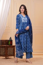 Bollywood Indian Women Blue Cotton Kurta Set Kurti Pants With Dupatta Party Wear