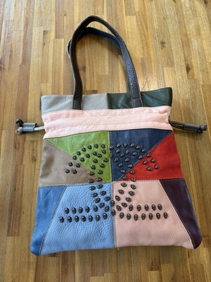 Ameri Leather Tote Shoulder Bag  Patchwork  Skull  Studded Colorful Unique