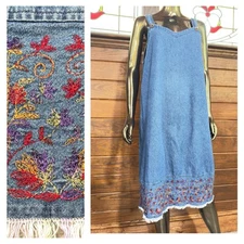 VTG Melrose Studio Womens L Denim Jumper Overall Dress Fringe Hem Embroidery USA