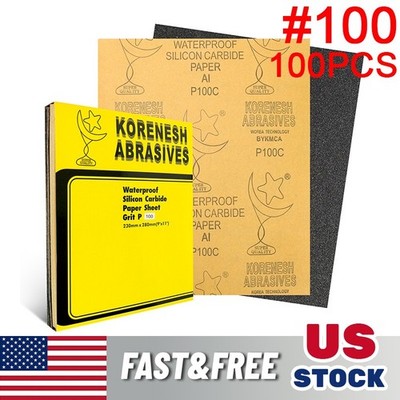 100Pcs 9x11'' Wet Dry Sandpaper 100 Grit Waterproof Sanding Sheets For Auto Wood
