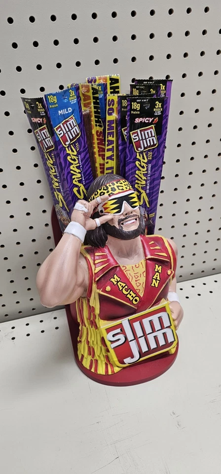 MACHO MAN RANDY SAVAGE Slim Jim Display Collector Como Nuevo con 4-12pk Palos Salvaje  Foto 4 de 4