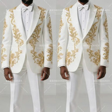 Luxury Men's Suit Beading Handmade White Wedding Outfits Jacket Peak Lapel 2Pcs