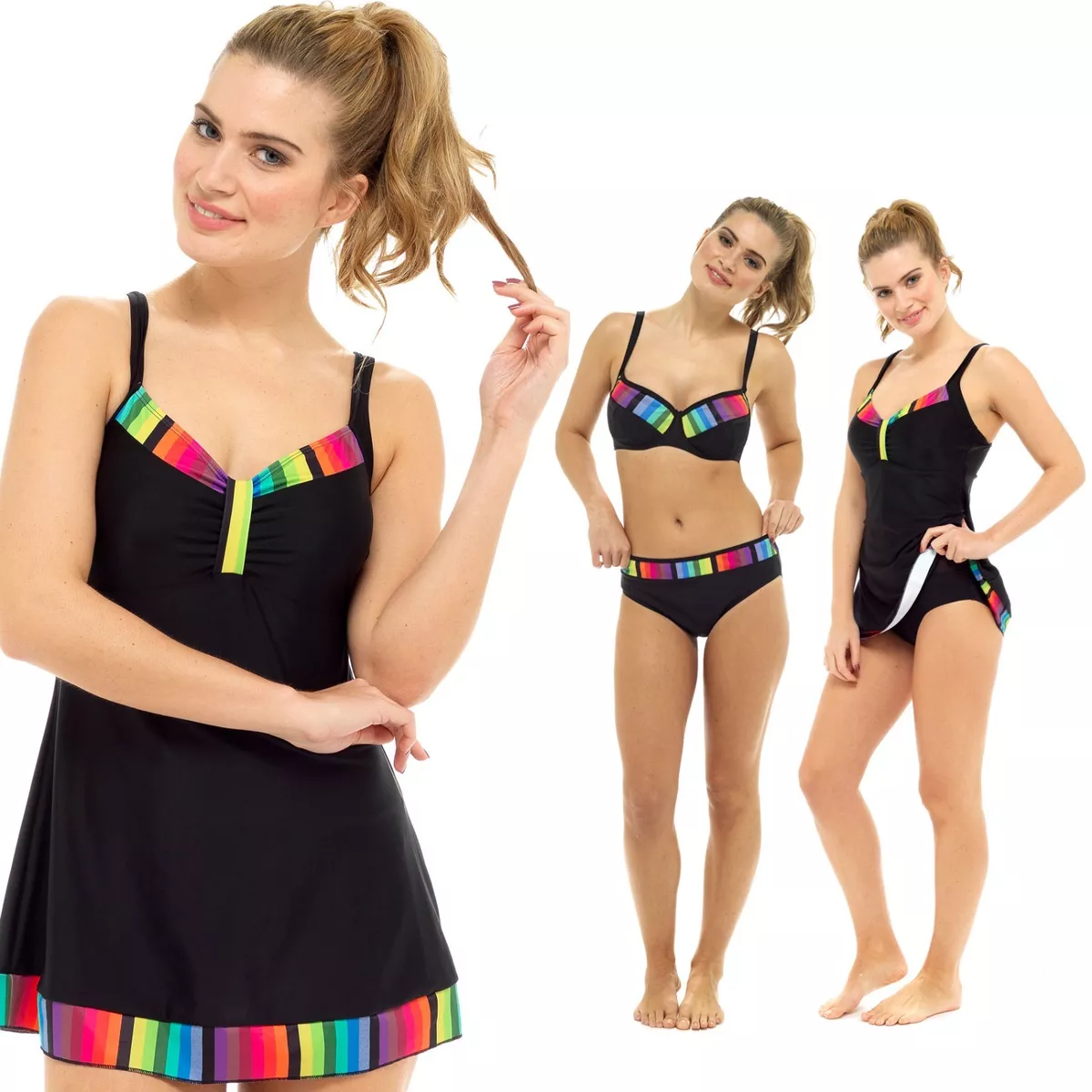 Ladies Rainbow Trim Black Swimming Costume Bikini Swimwear Swim