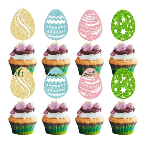 24Pcs Easter Egg Cupcake Toppers Glitter Happy Easter Cupcake Pick Decoration...