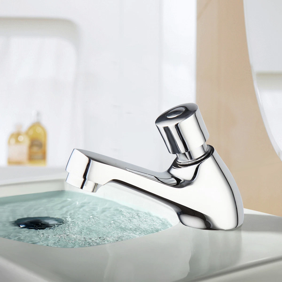 Short Chrome Time Delay Faucet Touch Press Auto Self Closing Only Cold Water Tap