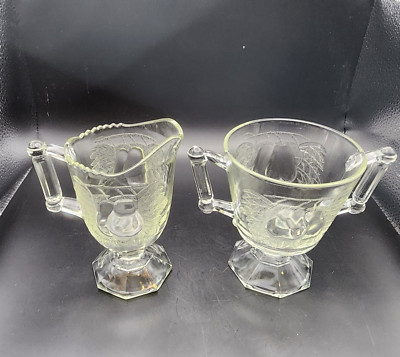 Jeanette Baltimore Pear Clear Depression Glass Creamer & Open Sugar Bowl no lid