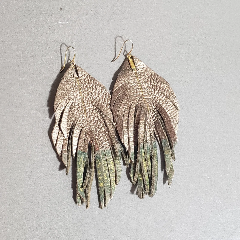 Leather Dangle Earrings Gray Retro Mid Century Modernist Boho Pierce 4" - Image 4 of 4