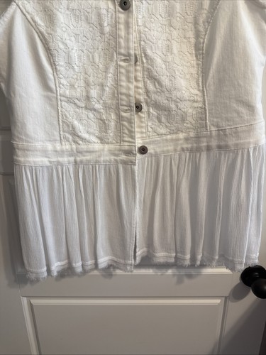 BACCHINI Sz L Solid White Denim Lace Chiffon Peplum Cotton Blend Jacket - Picture 2 of 6