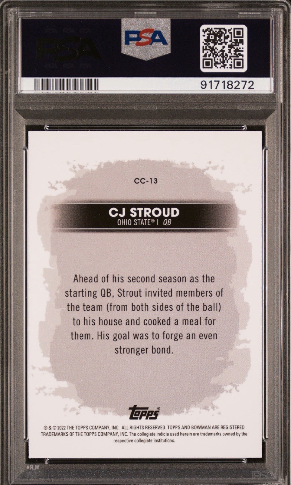 Topps 2022 Campus Captains C.J. Stroud #CC-13 Rookie PSA 9 Ohio State view 2