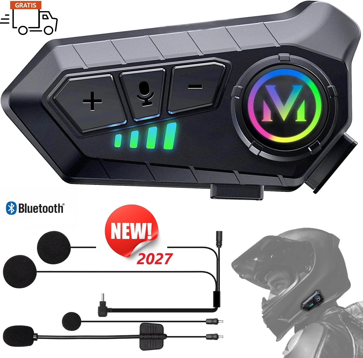 AURICOLARE CUFFIA MOTO IMPERMEABILE BLUETOOTH 5.3 INTERFONO CASCO CON LED RGB