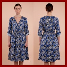 Robert Louis Floral A-Line Dress Size 12 Blue Roll Tab Sleeve Knee Length V-Neck