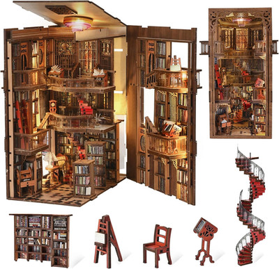 Abbey Library Book Nook Kit, Ancient Vintage Bookshelf Insert Decor with LED Lig
