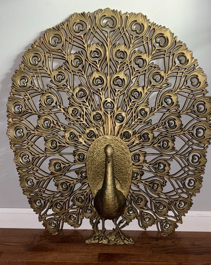 A genuine 1960s Burwood gold peacock wall hanging — 33 inches of bold, campy, glorious mid-century kitsch that commands any wall.